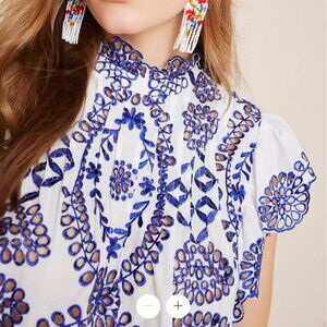 Corinthia Ruffled Eyelet Blouse XS Blue Motif Anthropologie Blue Tassel
